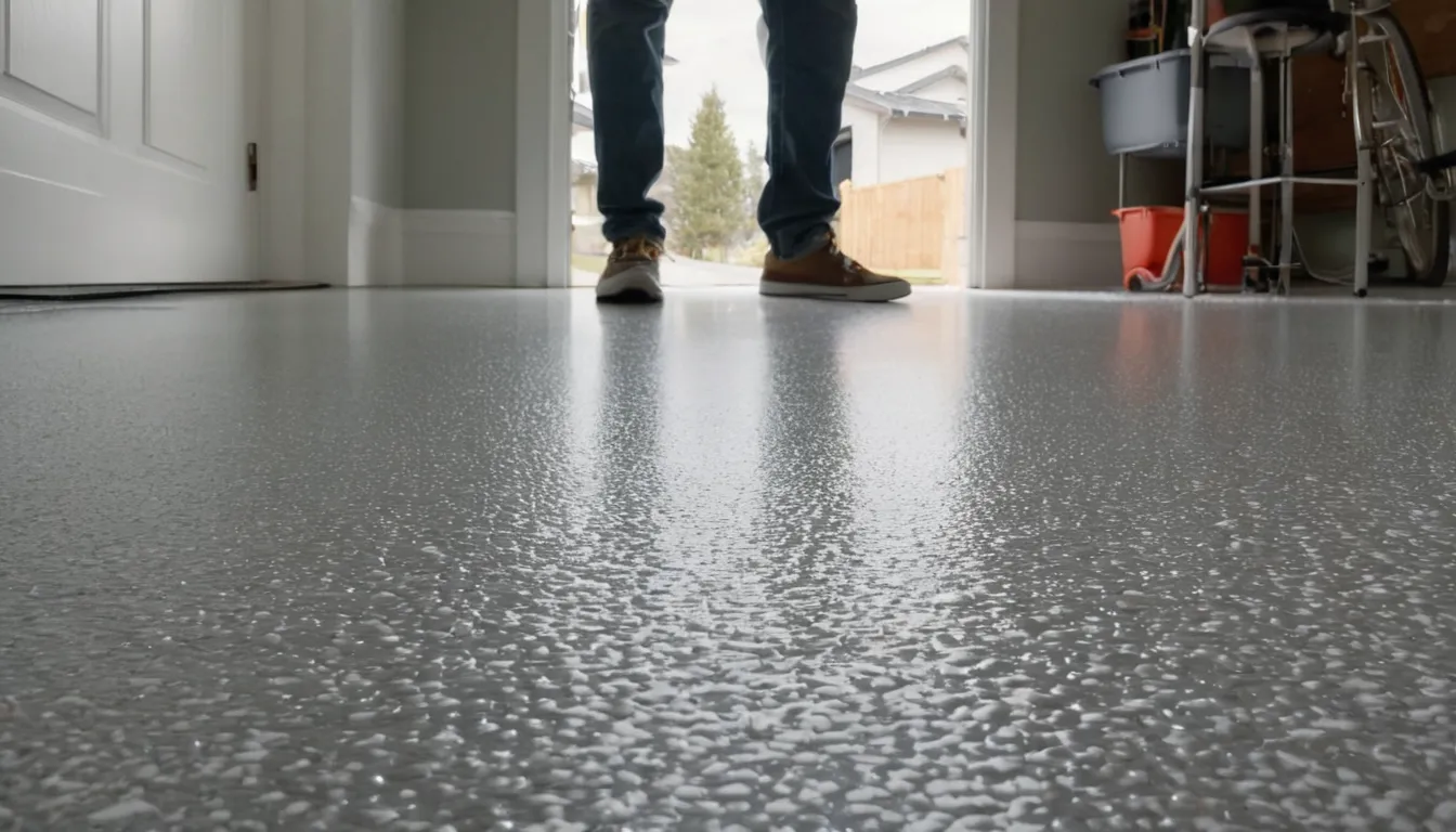 A clean, glossy epoxy garage floor in a Old Westbury home with a car parked inside
