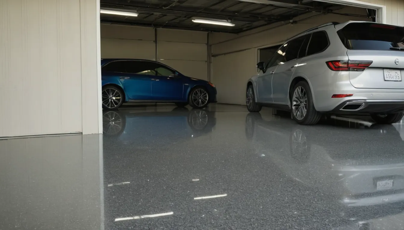 A freshly coated epoxy garage floor in Old Westbury with a parked car