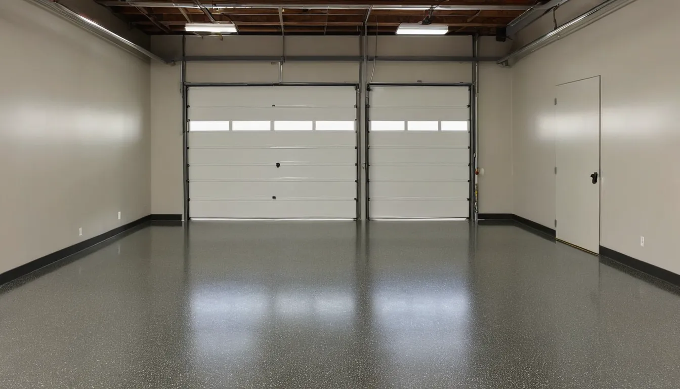 A freshly coated polyaspartic garage floor with a glossy flake finish in a Old Westbury home